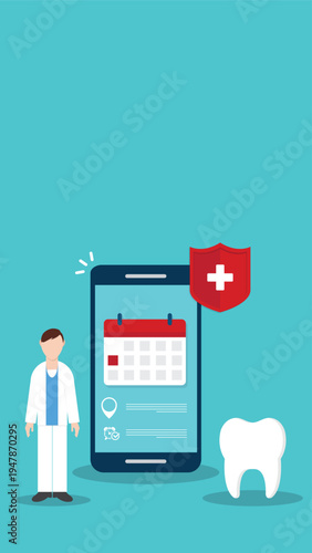 Dental appointment mobile app concept with dentist tooth and healthcare calendar reminder on smartphone screen – online clinic booking medical schedule flat vector illustration