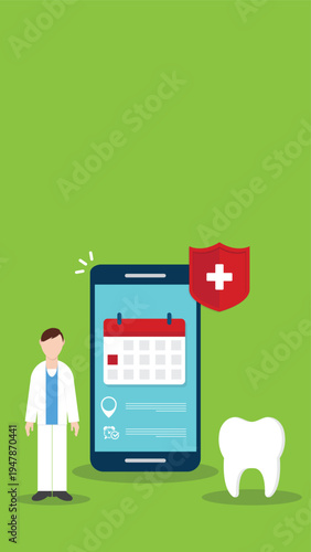 Dental appointment mobile app concept with dentist tooth and healthcare calendar reminder on smartphone screen – online clinic booking medical schedule flat vector illustration