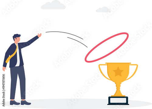 Ambitious Businessman Throwing a Lasso to Win the High Performance Trophy