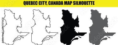 Quebec city canada map silhouette vector set including outline solid black and dotted versions on transparent layer