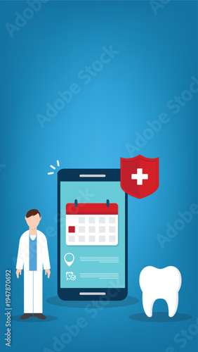 Dental appointment mobile app concept with dentist tooth and healthcare calendar reminder on smartphone screen – online clinic booking medical schedule flat vector illustration