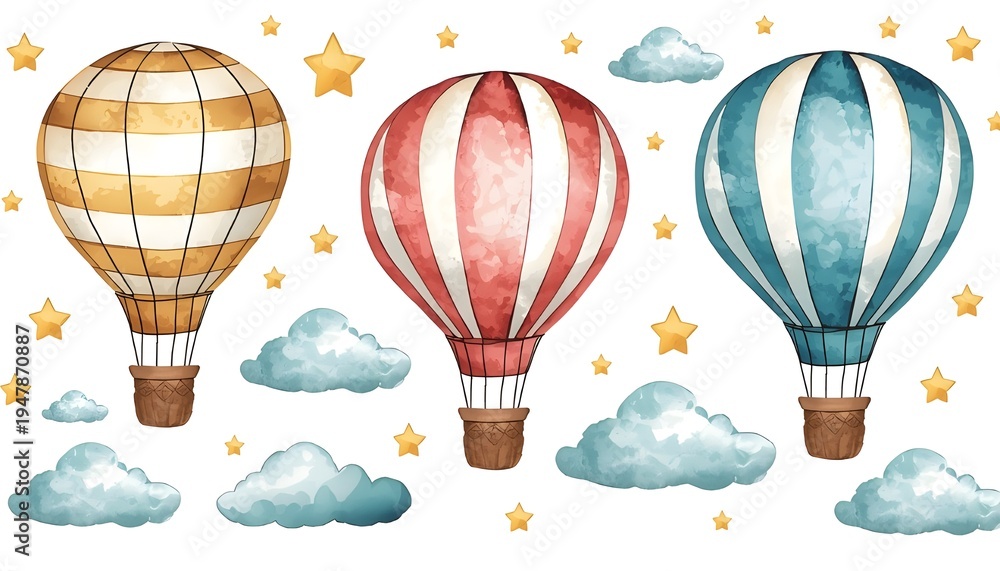 Obraz premium Colorful hot air balloons flying in the sky with clouds vector illustration