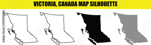 Victoria canada map silhouette vector set including outline solid black and dotted versions on transparent backdrop