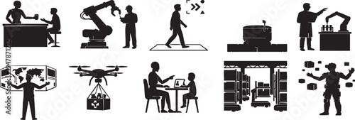 Advanced technology vector silhouette icons set featuring robotics, data center servers, biometric security, and renewable energy concepts