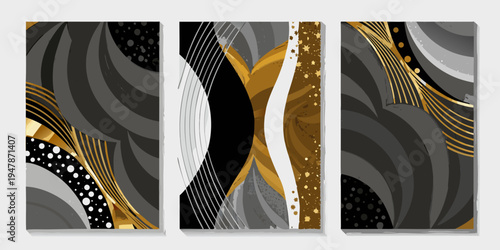 Abstract triptych featuring flowing shapes gold accents and grayscale tones