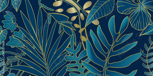 Elegant tropical leaves and floral elements in a seamless pattern