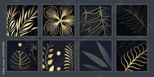 Golden tropical leaves arranged in a grid pattern on dark backgrounds