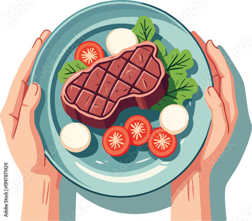 bistecca al sangue con insalata pomodori e cipolla al piatto vettoriale	