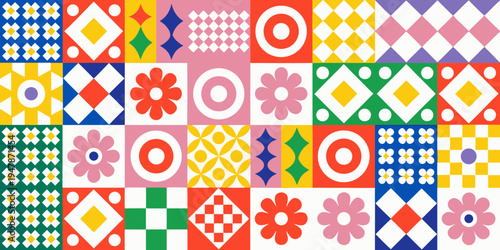 Colorful geometric pattern featuring floral and diamond shapes in a grid