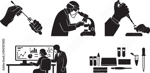 Epidemic testing laboratory silhouettes set featuring scientists using microscopes, pipettes, and analyzing medical data in a diagnostic lab
