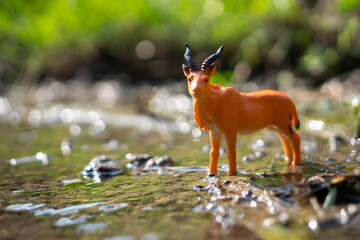 A brown toy antelope standing in a shallow, sparkling river. This image depicts a small, orange-brown plastic figure, often identified in stock photos as a model of a common antelope.