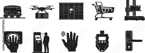 Future of retail and autonomous logistics vector silhouette icons set featuring biometric payments automated delivery robots and secure digital wallets