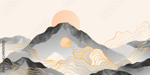 Abstract mountain landscape with a golden sun and flowing lines