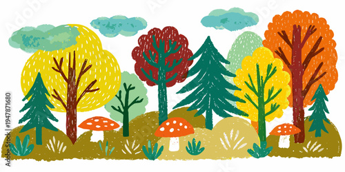 Colorful illustration of trees mushrooms and clouds in a whimsical forest