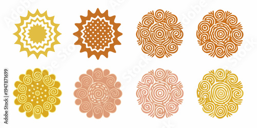 Eight abstract sun like shapes in varying shades of orange and yellow