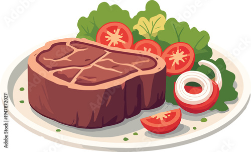 bistecca al sangue con insalata pomodori e cipolla al piatto vettoriale
