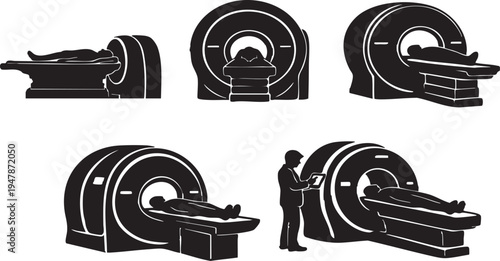 MRI Scanner Machine Silhouette Set – Magnetic Resonance Imaging Medical Equipment, Radiology Diagnostic Technology Vector Icons