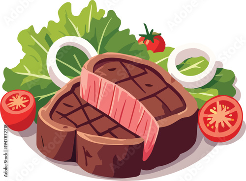 bistecca al sangue con insalata pomodori e cipolla al piatto vettoriale
