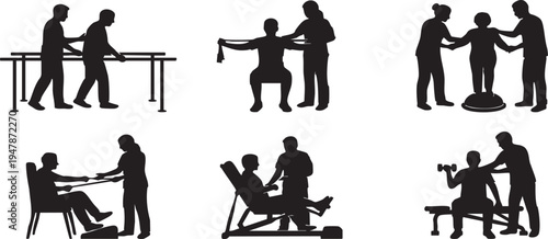 Physical therapy and rehabilitation training silhouettes set featuring patient recovery exercises with professional therapist assistance
