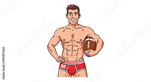 Muscular man holding American football.