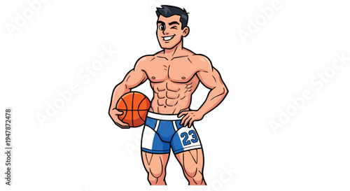 Muscular man holding basketball confidently standing.