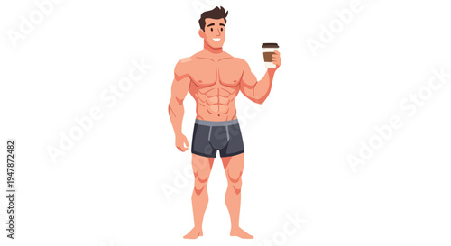 Muscular man holding coffee cup.