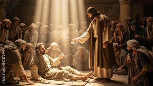 Jesus Christ performs a miracle, healing a paralytic man in front of a crowd, illustrating faith, divine power, and religious narrative, conveying themes of hope and salvation, bible story,