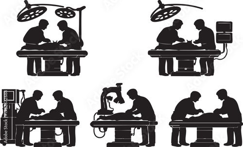 Veterinary Surgery Table Silhouette Set – Animal Hospital Operation Table, Vet Clinic Surgical Equipment Vector Illustration