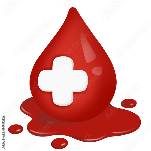 A large red blood droplet with a white cross in the center stands on a light blue background. 