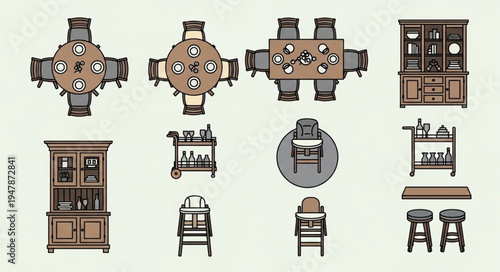 Overhead View of Dining Room Furniture and Bar Accessories.