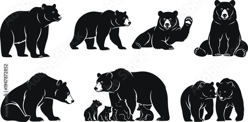 Grizzly bear silhouettes, black bear vector set, mother with cubs, walking, sitting, and waving bears, wild animal wildlife collection, isolated.