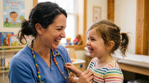Kind Nurse and Young Girl Sharing a Warm Moment in Pediatric Clinic