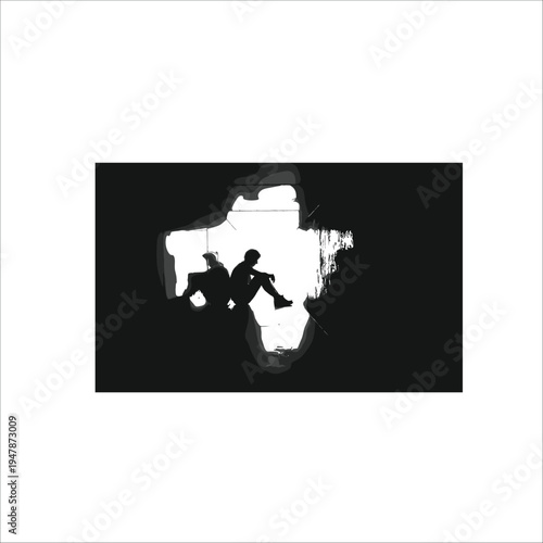 Silhouette of a person climbing a rock formation against a black background