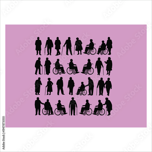 Silhouettes of people with disabilities on purple background