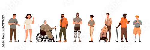 Diverse group of people including seniors and individuals with visible disabilities using wheelchair crutches and prosthetic legs in flat minimalist vector style