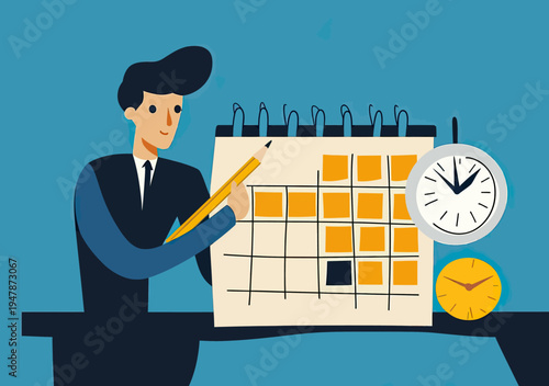 Businessman planning work schedule on desk calendar with pencil and two alarm clocks flat minimalist vector illustration