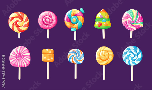 Colorful assorted lollipops and candies set with spiral, swirl, striped and soft caramel sweets on sticks in flat vector style on purple background