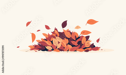Pile of autumn leaves with orange red yellow fall foliage scattered flying and layered isolated on light background vector flat minimal illustration