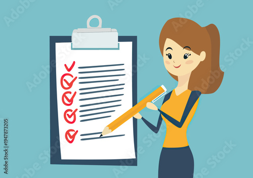 Business woman holding pencil checking off priority tasks on clipboard checklist for office productivity and planning concept