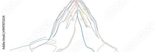Continuous one line drawing of two human hands folded in prayer minimalistic outline worship meditation spiritual concept vector illustration