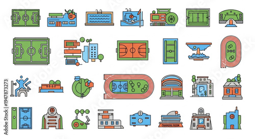 Collection of stadium icons representing various sports and events.