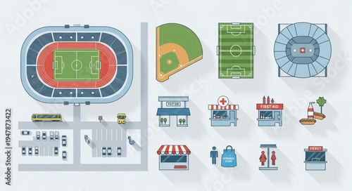 Overhead View of Sports Venues and Concession Stands Illustration.