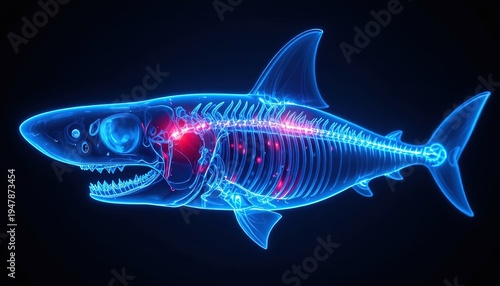 Glowing blue bioluminescent shark swimming in deep dark ocean futuristic neon x-ray effect