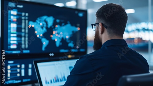 Contemporary global maritime logistics monitoring facility analyzing maritime trade disruption across international shipping lanes and commercial cargo routes inside a strategic maritime operations.