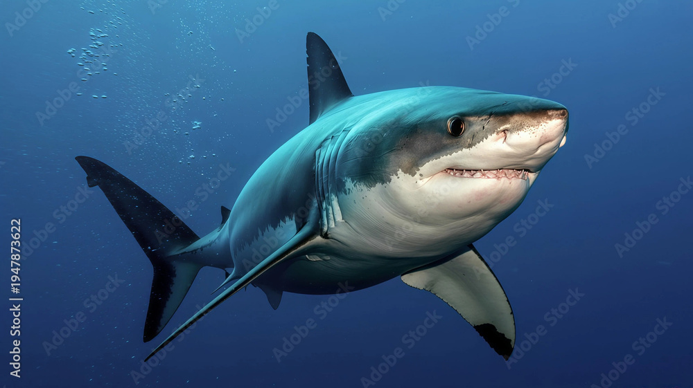 Obraz premium A large blue shark swimming underwater in the ocean with bubbles rising