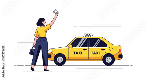 Woman Hailing Yellow Taxi Cab.