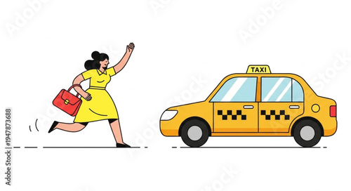 Woman Hailing Yellow Taxi Cab.