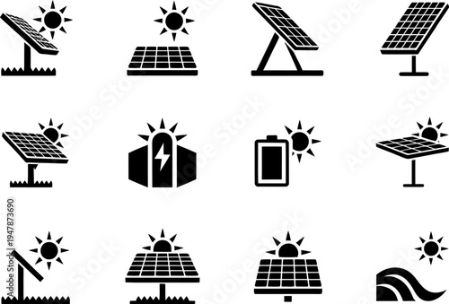 Collection of icons representing various renewable energy sources and devices

