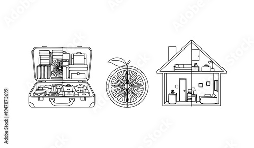 Half inside half outside objects outline vector suitcase orange and house interior concept