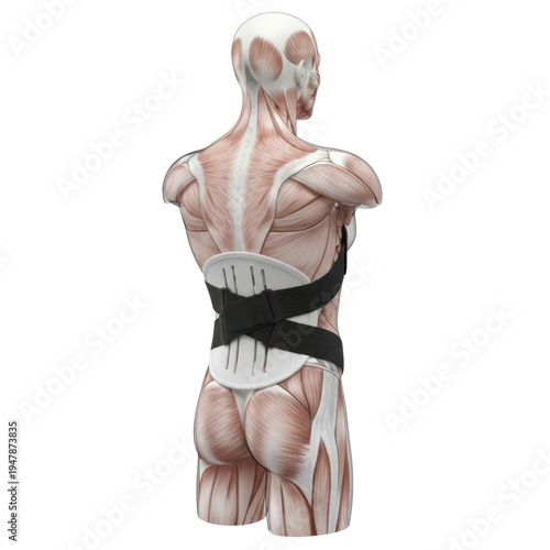 Human Muscular Anatomy Model Wearing A Supportive Lumbar Back Brace